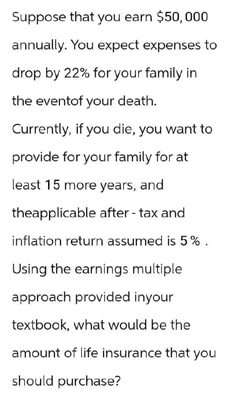 Suppose that you earn $50,000
annually. You expect expenses to
drop by 22% for your family in
the eventof your death.
Currently, if you die, you want to
provide for your family for at
least 15 more years, and
theapplicable after-tax and
inflation return assumed is 5%.
Using the earnings multiple
approach provided inyour
textbook, what would be the
amount of life insurance that you
should purchase?