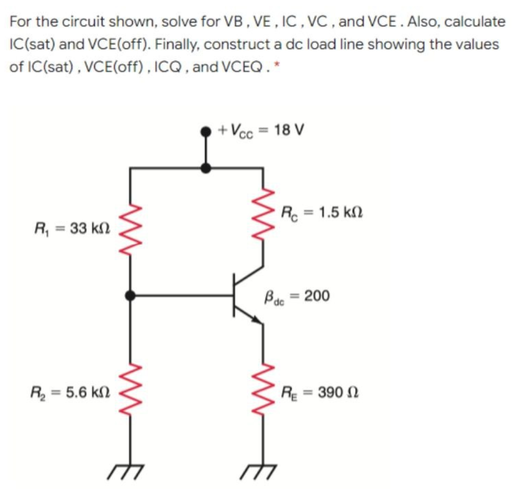 For the circuit shown, solve for VB , VE , IC , VC , and VCE . Also, calculate
IC(sat) and VCE(off). Finally, construct a dc load line showing the values
of IC(sat), VCE(off), ICQ , and VCEQ.*
+Vcc = 18 V
Re = 1.5 kn
R, = 33 kN
Bae = 200
R = 5.6 kN
RE = 390 N

