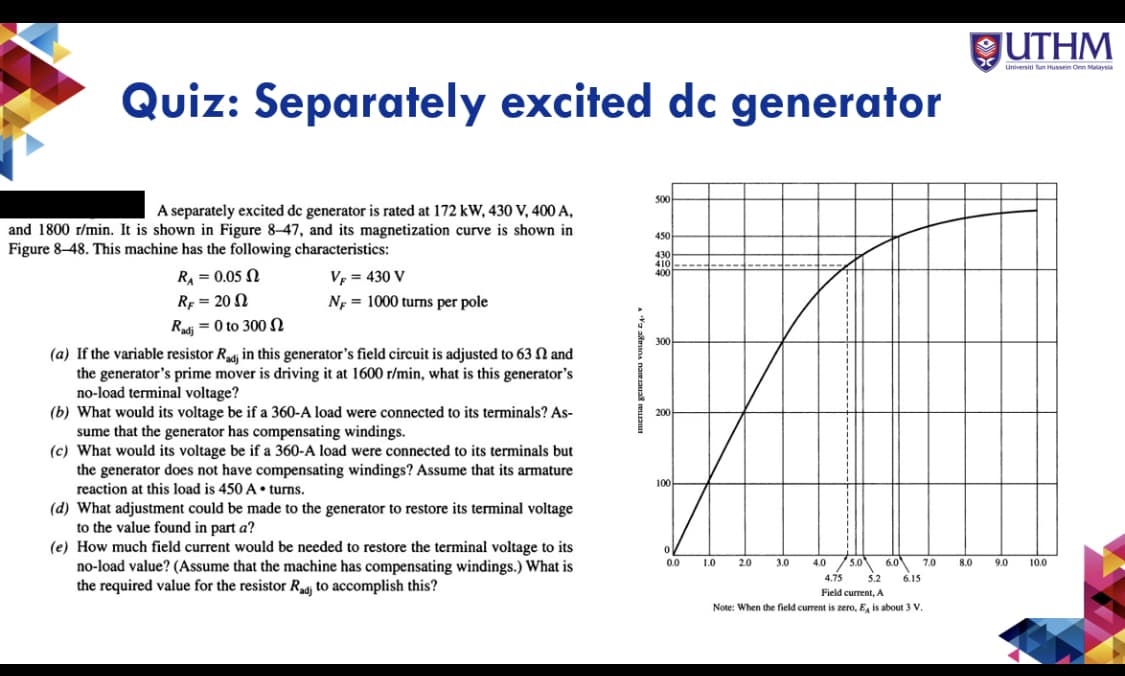 Quiz: Separately excited dc generator
A separately excited dc generator is rated at 172 kW, 430 V, 400 A,
and 1800 r/min. It is shown in Figure 8-47, and its magnetization curve is shown in
Figure 8-48. This machine has the following characteristics:
R₁ = 0.05
RF = 20 2
Radj=0 to 300
V₂ = 430 V
N = 1000 turns per pole
(a) If the variable resistor Rad in this generator's field circuit is adjusted to 63 2 and
the generator's prime mover is driving it at 1600 r/min, what is this generator's
no-load terminal voltage?
(b) What would its voltage be if a 360-A load were connected to its terminals? As-
sume that the generator has compensating windings.
(c) What would its voltage be if a 360-A load were connected to its terminals but
the generator does not have compensating windings? Assume that its armature
reaction at this load is 450 A turns.
(d) What adjustment could be made to the generator to restore its terminal voltage
to the value found in part a?
(e) How much field current would be needed to restore the terminal voltage to its
no-load value? (Assume that the machine has compensating windings.) What is
the required value for the resistor Radj to accomplish this?
amina patria fu
500
450
430
410
400
300
200
100
0
0.0
1.0
2.0
3.0
4.0 5.0
4.75
6.0
7.0
5.2
Field current, A
Note: When the field current is zero, EA is about 3 V.
6.15
8.0
JUTHM
Universiti Tun Hussein Onn Malaysia
9.0
10.0