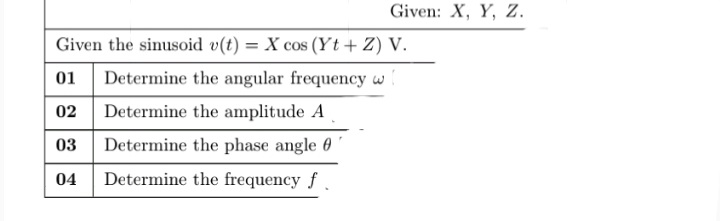 Given: X, Y, Z.
Given the sinusoid v(t) = X cos (Yt + Z) V.
01 Determine the angular frequency w
02
Determine the amplitude A
03
Determine the phase angle 0
04
Determine the frequency f

