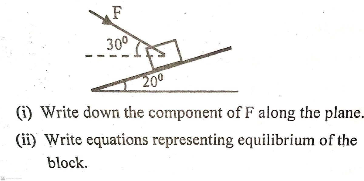 F
300
200
(i) Write down the component of F along the plane.
(ii) Write equations representing equilibrium of the
block.
CS
Scanned with GCarmScannet
