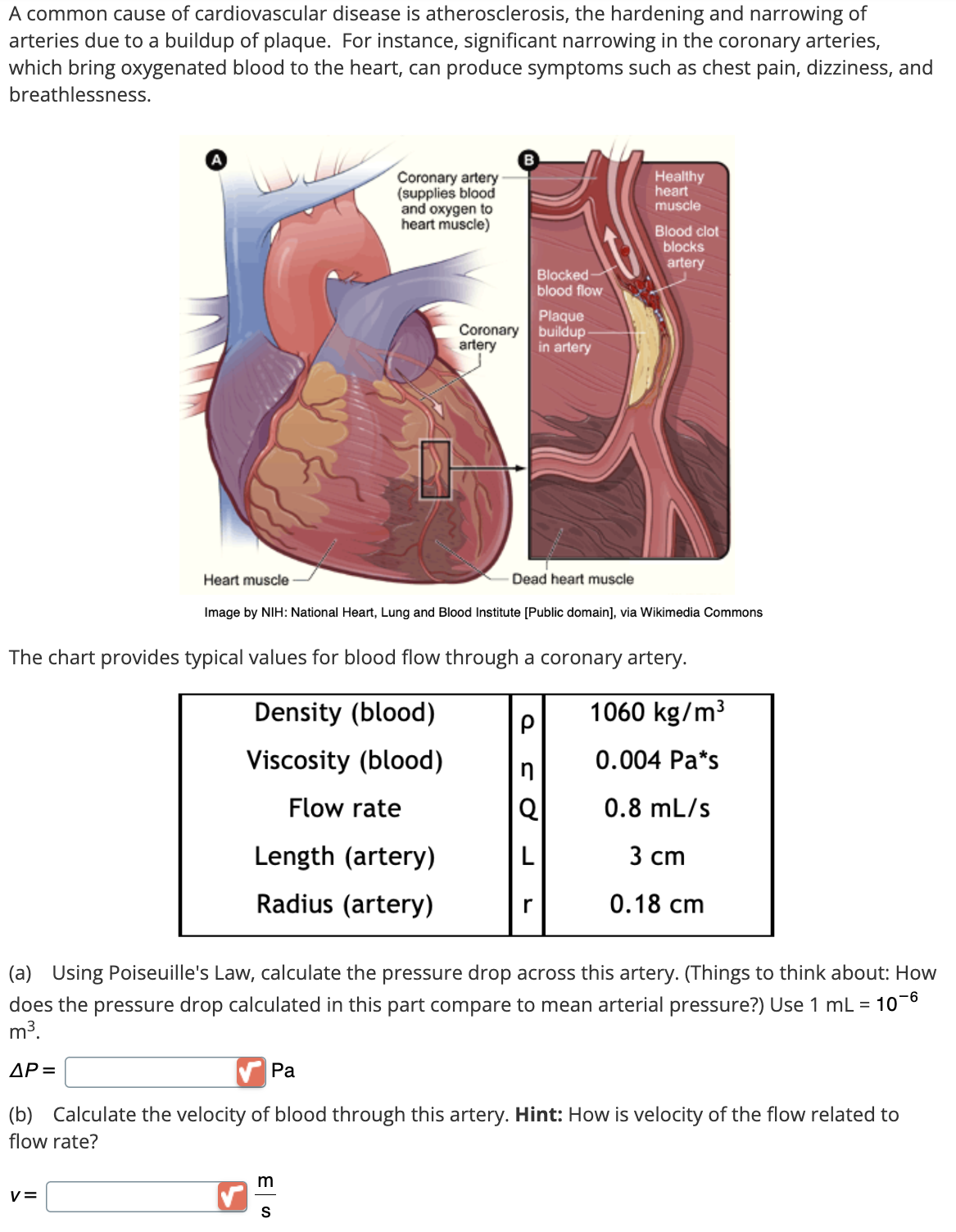 A common cause of cardiovascular disease is atherosclerosis, the hardening and narrowing of
arteries due to a buildup of plaque. For instance, significant narrowing in the coronary arteries,
which bring oxygenated blood to the heart, can produce symptoms such as chest pain, dizziness, and
breathlessness.
Heart muscle
Coronary artery
(supplies blood
and oxygen to
heart muscle)
Healthy
heart
muscle
Blood clot
blocks
artery
Blocked
blood flow
Plaque
Coronary
artery
buildup
in artery
Dead heart muscle
Image by NIH: National Heart, Lung and Blood Institute [Public domain], via Wikimedia Commons
The chart provides typical values for blood flow through a coronary artery.
1060 kg/m³
Density (blood)
P
Viscosity (blood)
0.004 Pa*s
Flow rate
Q
0.8 mL/s
Length (artery)
L
3 cm
Radius (artery)
r
0.18 cm
(a) Using Poiseuille's Law, calculate the pressure drop across this artery. (Things to think about: How
does the pressure drop calculated in this part compare to mean arterial pressure?) Use 1 mL = 106
m³.
AP=
Pa
(b) Calculate the velocity of blood through this artery. Hint: How is velocity of the flow related to
flow rate?
v=
m
ES