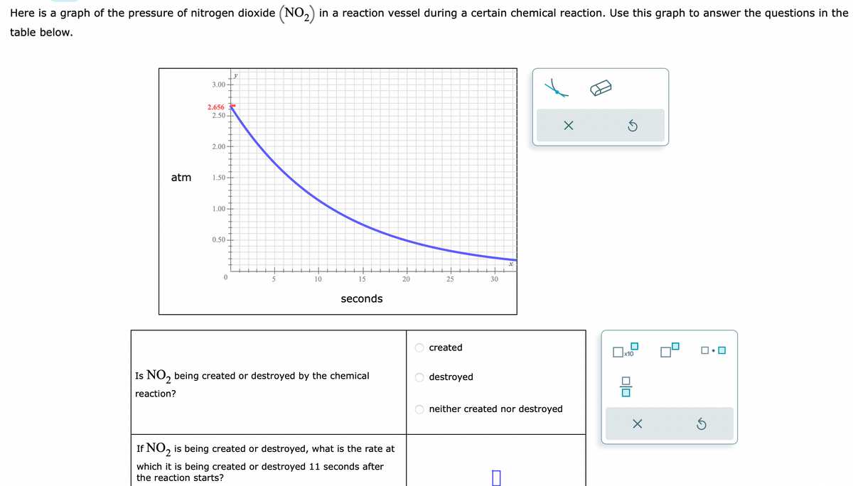Here is a graph of the pressure of nitrogen dioxide (NO₂) in a reaction vessel during a certain chemical reaction. Use this graph to answer the questions in the
table below.
atm
3.00
2.656
2.50
2.00
1.50
1.00-
0.50
0
y
5
10
15
seconds
Is NO₂ being created or destroyed by the chemical
2
reaction?
If NO₂ is being created or destroyed, what is the rate at
which it is being created or destroyed 11 seconds after
the reaction starts?
20
O
O
O
25
created
destroyed
30
neither created nor destroyed
X
Ś
x10
X
S