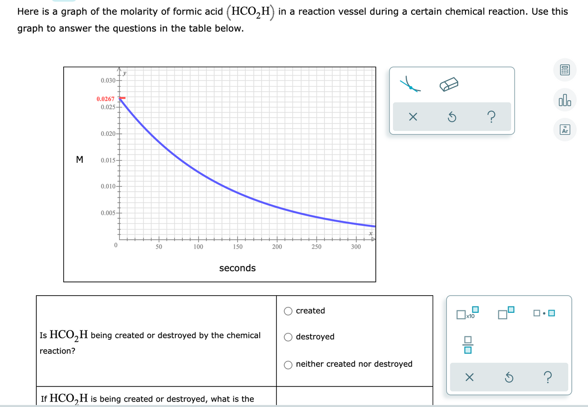 Here is a graph of the molarity of formic acid (HCO,H) in a reaction vessel during a certain chemical reaction. Use this
graph to answer the questions in the table below.
0.030-
olo
0.0267
0.025
Ar
0.020-
M
0.015
0.010-
0.005
50
100
150
200
250
300
seconds
created
Is HCO,H being created or destroyed by the chemical
destroyed
reaction?
neither created nor destroyed
?
If HCO,H is being created or destroyed, what is the
미□
