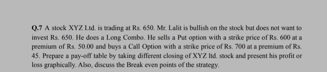 Q.7 A stock XYZ Ltd. is trading at Rs. 650. Mr. Lalit is bullish on the stock but does not want to
invest Rs. 650. He does a Long Combo. He sells a Put option with a strike price of Rs. 600 at a
premium of Rs. 50.00 and buys a Call Option with a strike price of Rs. 700 at a premium of Rs.
45. Prepare a pay-off table by taking different closing of XYZ Itd. stock and present his profit or
loss graphically. Also, discuss the Break even points of the strategy.
