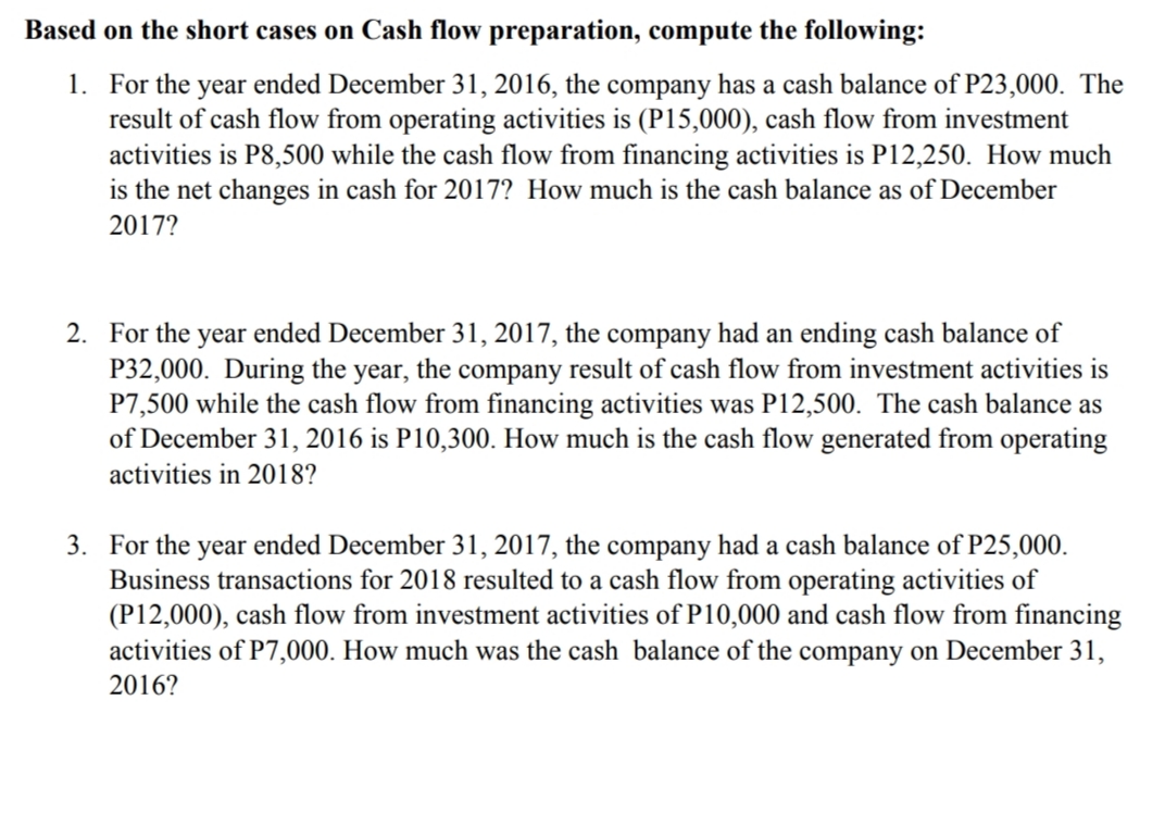 Based on the short cases on Cash flow preparation, compute the following:
1. For the year ended December 31, 2016, the company has a cash balance of P23,000. The
result of cash flow from operating activities is (P15,000), cash flow from investment
activities is P8,500 while the cash flow from financing activities is P12,250. How much
is the net changes in cash for 2017? How much is the cash balance as of December
2017?
2. For the year ended December 31, 2017, the company had an ending cash balance of
P32,000. During the year, the company result of cash flow from investment activities is
P7,500 while the cash flow from financing activities was P12,500. The cash balance as
of December 31, 2016 is P10,300. How much is the cash flow generated from operating
activities in 2018?
3. For the year ended December 31, 2017, the company had a cash balance of P25,000.
Business transactions for 2018 resulted to a cash flow from operating activities of
(P12,000), cash flow from investment activities of P10,000 and cash flow from financing
activities of P7,000. How much was the cash balance of the company on December 31,
2016?
