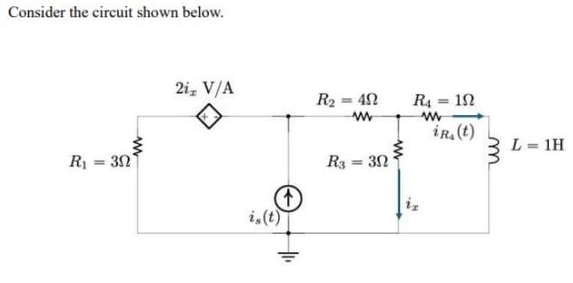 Consider the circuit shown below.
R₁ = 30
www
2i V/A
R₂
=
452
www
R3 = 30
R4 = 10
www
iR, (t)
m
L = 1H