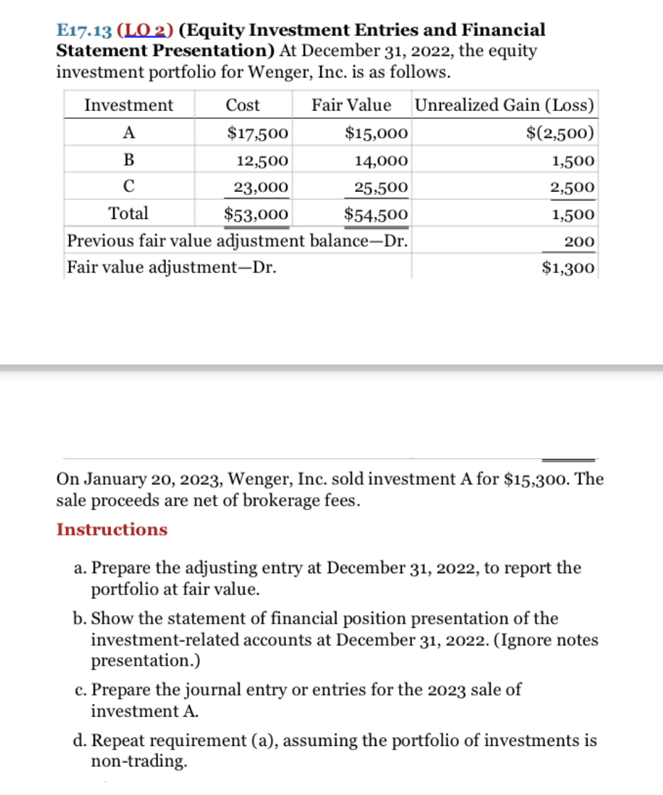 E17.13 (LO 2) (Equity Investment Entries and Financial
Statement Presentation) At December 31, 2022, the equity
investment portfolio for Wenger, Inc. is as follows.
Investment
Cost
Fair Value
Unrealized Gain (Loss)
А
$17,500
$15,000
$(2,500)
В
12,500
14,000
1,500
23,000
25,500
2,500
Total
$53,000
$54,500
1,500
Previous fair value adjustment balance-Dr.
Fair value adjustment–Dr.
200
$1,300
On January 20, 2023, Wenger, Inc. sold investment A for $15,300. The
sale proceeds are net of brokerage fees.
Instructions
a. Prepare the adjusting entry at December 31, 2022, to report the
portfolio at fair value.
b. Show the statement of financial position presentation of the
investment-related accounts at December 31, 2022. (Ignore notes
presentation.)
c. Prepare the journal entry or entries for the 2023 sale of
investment A.
d. Repeat requirement (a), assuming the portfolio of investments is
non-trading.
