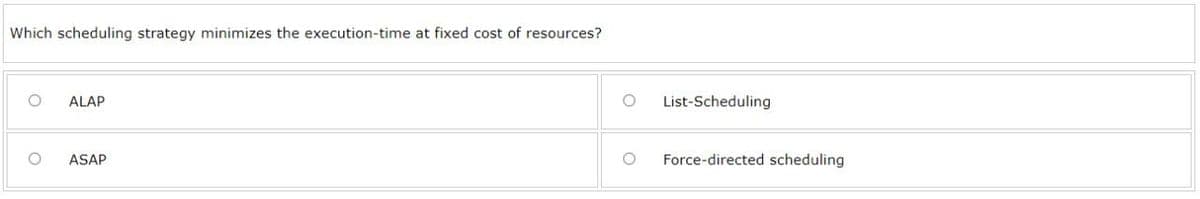 Which scheduling strategy minimizes the execution-time at fixed cost of resources?
O ALAP
ASAP
O
List-Scheduling
Force-directed scheduling