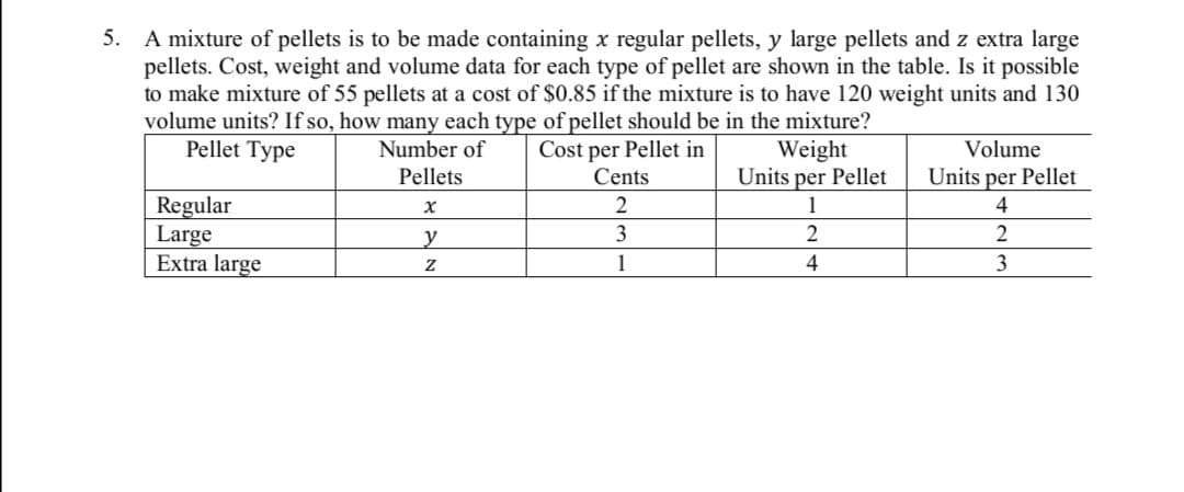 A mixture of pellets is to be made containing x regular pellets, y large pellets and z extra large
pellets. Cost, weight and volume data for each type of pellet are shown in the table. Is it possible
to make mixture of 55 pellets at a cost of $0.85 if the mixture is to have 120 weight units and 130
volume units? If so, how many each type of pellet should be in the mixture?
Pellet Type
5.
Number of
Cost per Pellet in
Cents
Weight
Units per Pellet
Volume
Pellets
Units per Pellet
Regular
Large
Extra large
2
1
4
y
1
4
3
