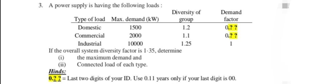 3. A power supply is having the following loads :
Diversity of
Demand
Type of load Max. demand (kW)
group
factor
Domestic
1500
1.2
0.??
Commercial
2000
1.1
0.??
Industrial
10000
1.25
1
If the overall system diversity factor is 1-35, determine
(i)
the maximum demand and
(ii)
Connected load of each type.
Hinds:
0.?? = Last two digits of your ID. Use 0.11 years only if your last digit is 00.