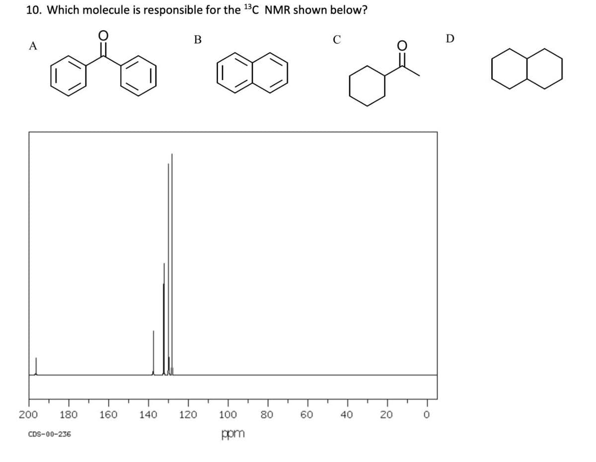 10. Which molecule is responsible for the 13C NMR shown below?
A
or
B
C
200
180
CDS-00-236
160
140
120
100
80
ppm
-0
60
D
20
-0
40
40
0