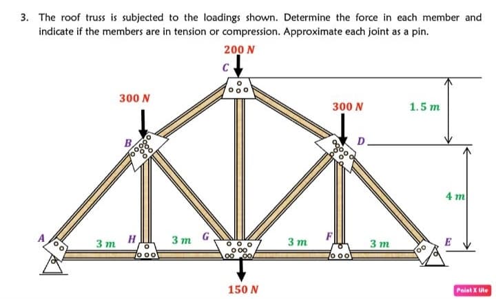 3. The roof truss is subjected to the loadings shown. Determine the force in each member and
indicate if the members are in tension or compression. Approximate each joint as a pin.
200 N
C
300 N
300 N
1.5 m
B,
D.
4 m
3 т
H
3т G
F
3 m
3 т
o00
00 00
o oo
150 N
Paint X ite
