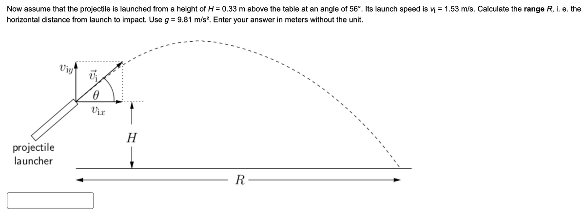 Now assume that the projectile is launched from a height of H = 0.33 m above the table at an angle of 56°. Its launch speed is v₁ = 1.53 m/s. Calculate the range R, i. e. the
horizontal distance from launch to impact. Use g = 9.81 m/s². Enter your answer in meters without the unit.
projectile
launcher
Viy
U₁
0
Vix
H
R-