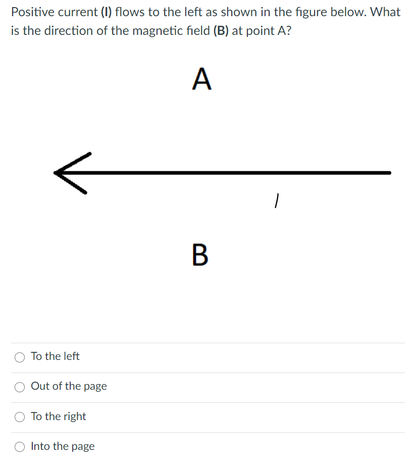 Positive current (I) flows to the left as shown in the figure below. What
is the direction of the magnetic field (B) at point A?
A
To the left
Out of the page
O To the right
Into the page
