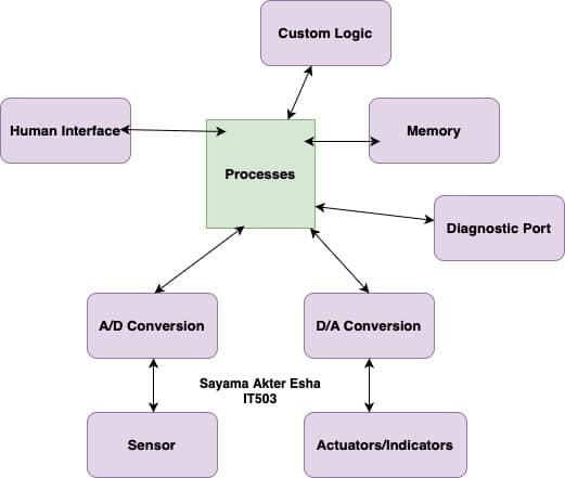 Human Interface
A/D Conversion
Sensor
Custom Logic
Processes
Memory
D/A Conversion
Sayama Akter Esha
IT503
Diagnostic Port
Actuators/Indicators