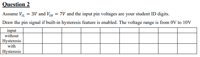 Question 2
Assume VIL = 3V and V₁H = 7V and the input pin voltages are your student ID digits.
Draw the pin signal if built-in hysteresis feature is enabled. The voltage range is from 0V to 10V
input
without
Hysteresis
with
Hysteresis
