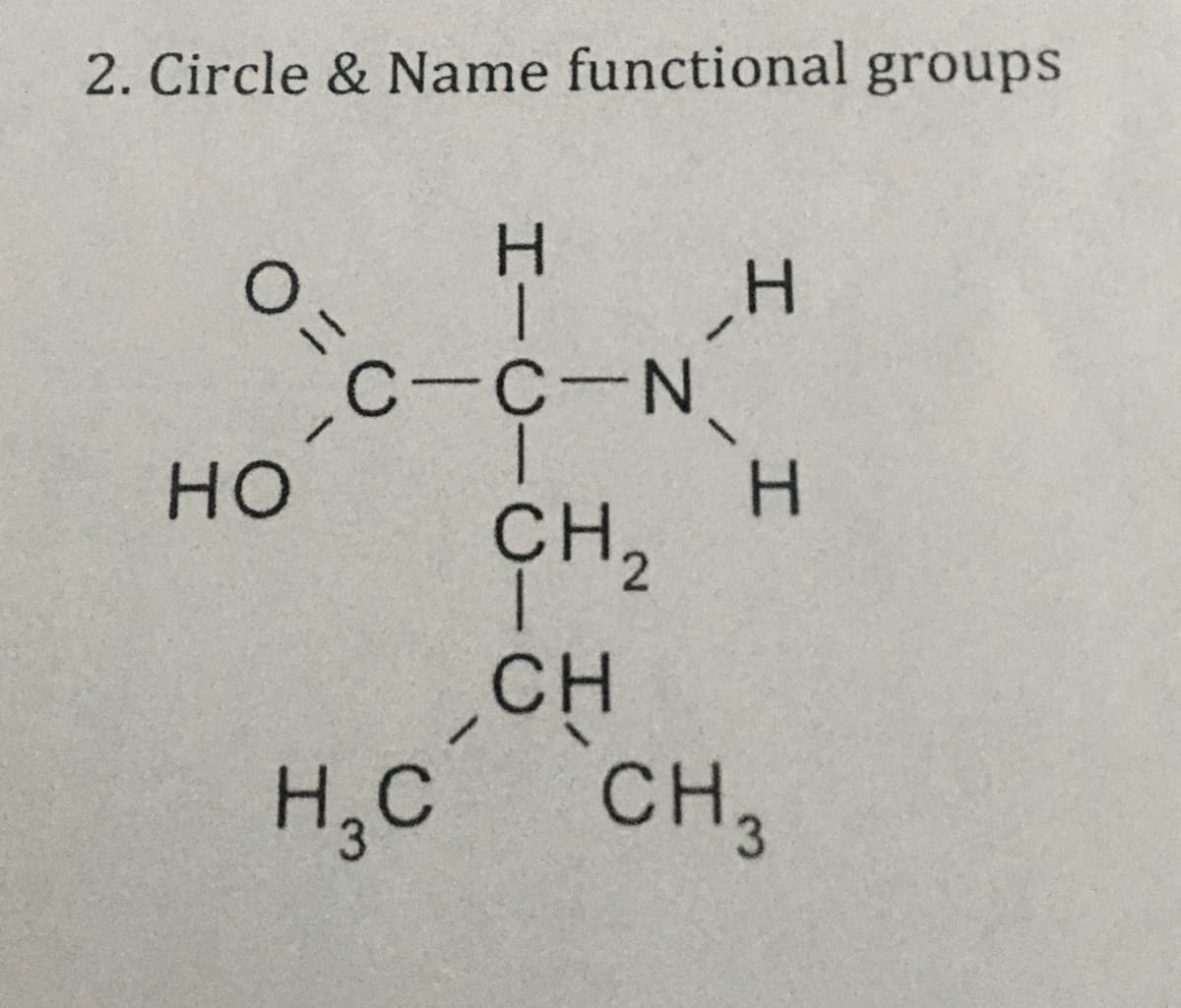 2. Circle & Name functional groups
Os-C-N
H.
C-C-N.
H.
CH,
но
CH
H,C
CH,

