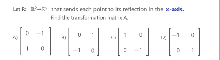 Let R: RR that sends each point to its reflection in the x-axis.
Find the transformation matrix A.
62-500