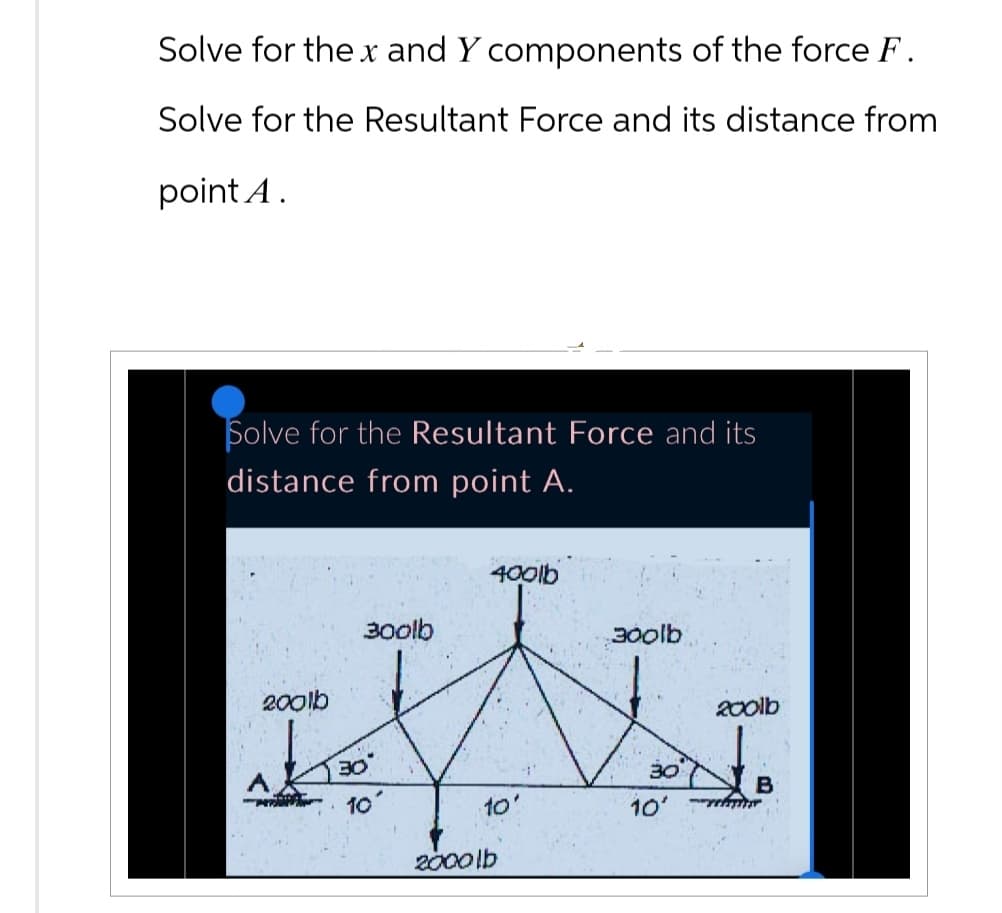 Solve for the x and Y components of the force F.
Solve for the Resultant Force and its distance from
point A.
Solve for the Resultant Force and its
distance from point A.
200lb
300lb
400lb
300lb
200lb
30
30
B
10
10'
10'
2000lb