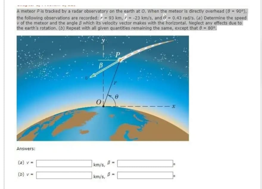 A meteor P is tracked by a radar observatory on the earth at O. When the meteor is directly overhead (9 = 90°),
the following observations are recorded: r = 93 km, = -23 km/s, and 0 = 0.43 rad/s. (a) Determine the speed
v of the meteor and the angle ẞ which its velocity vector makes with the horizontal. Neglect any effects due to
the earth's rotation. (b) Repeat with all given quantities remaining the same, except that 8 = 80°.
Answers:
(a) v =
B
km/s,
(b)v=
B
km/s,
Ꮎ
X