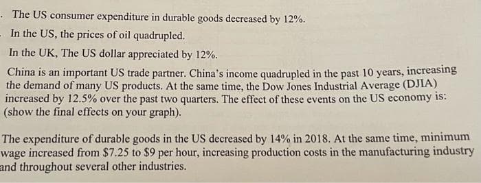 . The US consumer expenditure in durable goods decreased by 12%.
In the US, the prices of oil quadrupled.
In the UK, The US dollar appreciated by 12%.
China is an important US trade partner. China's income quadrupled in the past 10 years, increasing
the demand of many US products. At the same time, the Dow Jones Industrial Average (DJIA)
increased by 12.5% over the past two quarters. The effect of these events on the US economy is:
(show the final effects on your graph).
The expenditure of durable goods in the US decreased by 14% in 2018. At the same time, minimum
wage increased from $7.25 to $9 per hour, increasing production costs in the manufacturing industry
and throughout several other industries.