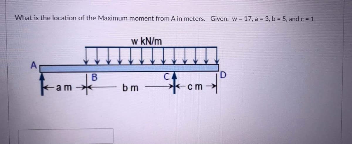 What is the location of the Maximum moment from A in meters. Given: w = 17, a = 3, b = 5, and c = 1.
w kN/m
A
Stom-
CA
D.
Kam
b m
B.
