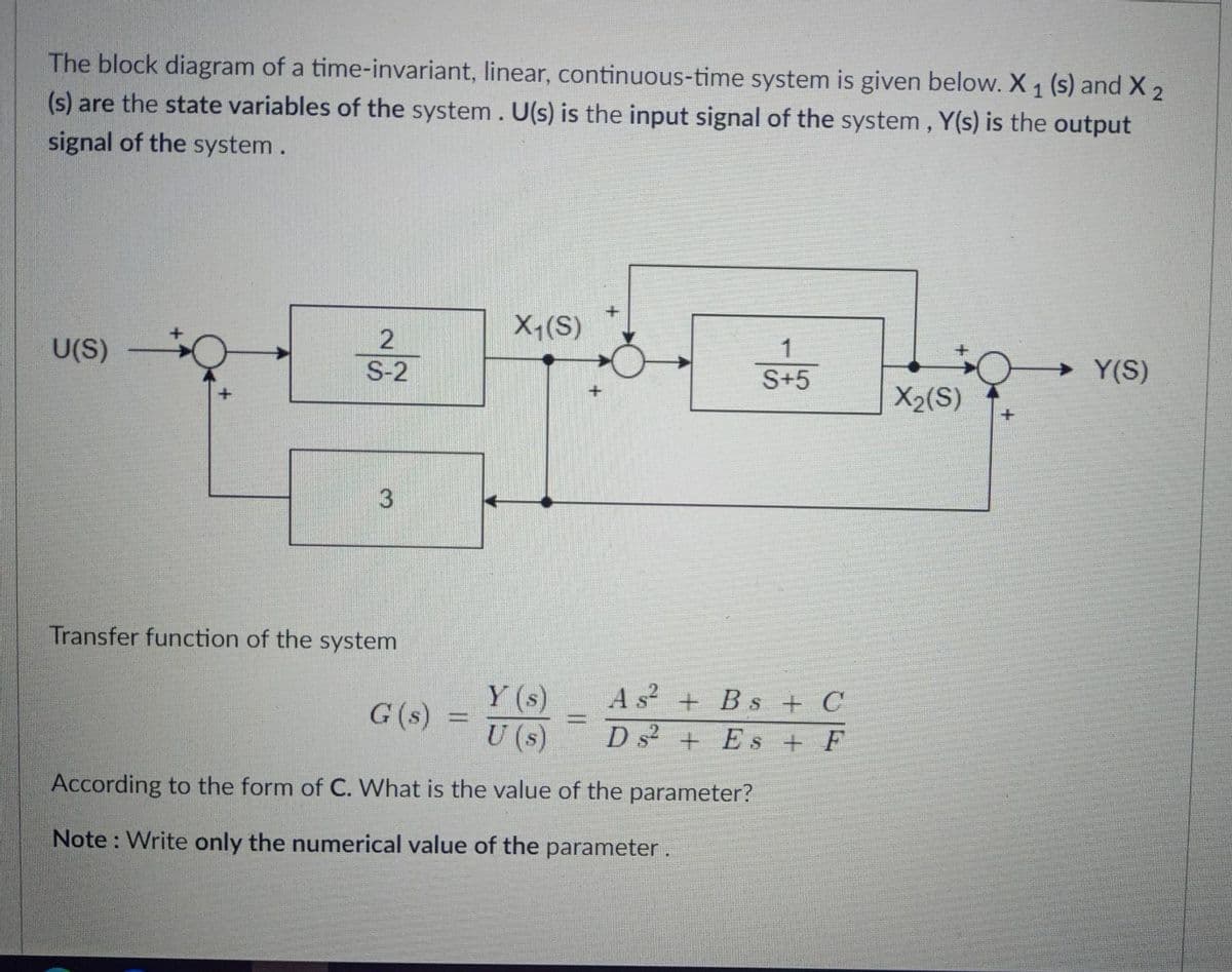 The block diagram of a time-invariant, linear, continuous-time system is given below. X 1 (s) and X 2
(s) are the state variables of the system. U(s) is the input signal of the system, Y(s) is the output
signal of the system .
X7(S)
1
S+5
Y(S)
U(S)
S-2
X2(S)
Transfer function of the system
A s + Bs + C
Y (s)
G (s) =
U (s)
%3D
D s + Es + F
According to the form of C. What is the value of the parameter?
Note : Write only the numerical value of the parameter.
3.
