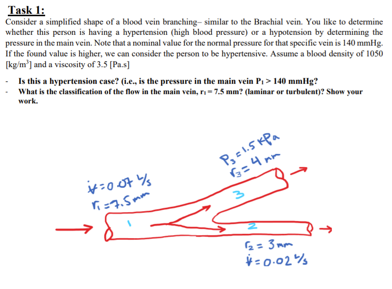 Task 1:
Consider a simplified shape of a blood vein branching- similar to the Brachial vein. You like to determine
whether this person is having a hypertension (high blood pressure) or a hypotension by determining the
pressure in the main vein. Note that a nominal value for the normal pressure for that specific vein is 140 mmHg.
If the found value is higher, we can consider the person to be hypertensive. Assume a blood density of 1050
[kg/m³] and a viscosity of 3.5 [Pa.s]
Is this a hypertension case? (i.e., is the pressure in the main vein P1 > 140 mmHg?
What is the classification of the flow in the main vein, rı = 7.5 mm? (laminar or turbulent)? Show your
work.
P3 =l.5KPA
G=4 mm
そ:004 %
ri=7.5 mm
2= 3 mm
*= 0.02
