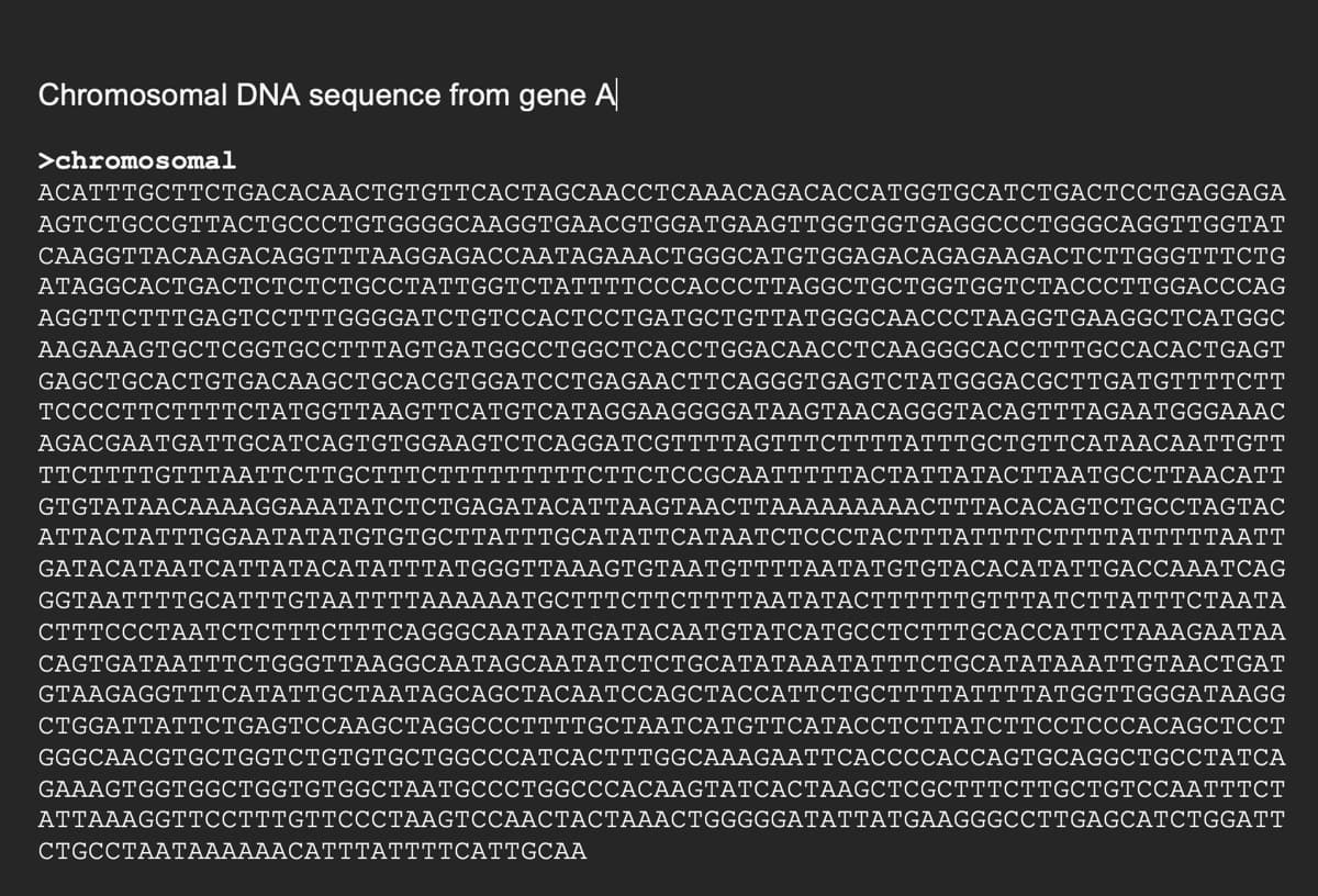 Chromosomal DNA sequence from gene A
>chromosomal
АСАТTTGCTТСTGACACAAСTGTGTTCACТAGCAACСТСАААСАGACAССАTGGTGCAТСТGАСТССТGAGGAGA
AGTCTGCCGТТАСTGCCСTGTGGGGCAAGGTGAACGTGGATGAAGTTGGTGGTGAGGCССTGGGCAGGTTGGTAT
САAGGTTACАAGACAGGTТТАAGGAGACСААТАGAAAСTGGGCATGTGGAGACAGAGAAGACTCTTGGGTTTCTG
АTAGGCACTGACTCТСТСТGCCТАТТGGTСТАТТТТСССАСССТТАGGСTGCTGGTGGТСТАСССТТGGACCCAG
AGGTTCTTTGAGTCCTTTGGGGATCTGTCСАСТССТGATтGCTGTTATGGGCAACCCTАAGGTGAAGGCТСАТGGC
AAGAAAGTGCTCGGTGCCТТTAGTGATGGCCTGGCTCАССTGGACAАССТСААGGGCACCTTTGCСАСАСТGAGТ
GAGCTGCACTGTGACAAGСTGCACGTGGATCCTGAGAАСТТСАGGGTGAGTCTATGGGACGCTTGATGTTTTCTТ
ТССССТТСТТTТСТАТGGТТАAGTTCATGTCATAGGAAGGGGATAAGTAACAGGGTАСAGTTTAGAATGGGAAAС
AGACGAATGATTGCATCAGTGTGGAAGTСТСAGGATCGTTTTAGTTТСТТТТАТТТGCTGTTCATААСААТТGTТ
TТСТТTTGTТТААТТСТТGCTTTCTTTTTTTTTСTТCТСCGCAATTТTТАСТАТТАТАСТТААТGССТТААСАТТ
GTGTATAACАААAGGAAAТАТСТСТGAGATACATTAAGTAACTTАAAAAAAAАСТТТАСАСAGTCTGCСТAGTAС
ΑΤTACΤΑΤΤTGGAATATATGTGΤGCTTAΤTTGCAΤΑΤ TCAΤAATCTCCCTACTTTATΤTTCTTΤ ΤATTTTAAT Τ
GATACΑΤAAT CAT TATACATAT ΤΤATGGGTTAAAGTGTAATGTTTΑΑΤΑΤGTGTACACATAT T GAC CAAATCAG
GGTAATTTT GCATTTGTAAΤΤΤTAΑAAAT GCTTTCTTCTTTTAΑΤΑTACTTTTTTGTTTATCTTATTTCTAATA
СТТТСССТААТСТСТТТСТТТСAGGGCAАТААТGATAСААТGTATСАTGCСТСТТТGCACCATTCТАААGAATAА
СAGTGATAAТТТСTGGGTТАAGGCAATAGCAATATСTСTGCАTАТАААТАТТТСТGCATATAAATTGТAАСТGAТ
GTAAGAGGTTТСАТАТТGСТААТАGCAGCTACAАТССAGCTАCСАTТСTGСTTТТАТТTТАTGGTTGGGATAAGG
СTGGATTATТСTGAGTCCАAGCTAGGCCСТТТTGCTААТСАТGTTCАТАССТСТТАТСТТССТСССАСAGCTCСТ
GGGCAACGTGCTGGTCTGTGTGCTGGCCCАТСАСТТТGGCAAAGAATTСАССССАССАGTGCAGGCTGCCTAТCА
GAAAGTGGTGGCTGGTGTGGCTAАТGCCCTGGCCCACAGTATCАСТАAGCTCGCTTTСТTGCTGTCCААТТТСТ
АТТААAGGTТССТТTGTTСССТААGTCСААСТАСТАААСTGGGGGAТАТТАТGAAGGGCCTTGAGCATСTGGATТ
CTGCCΤAΑΤΑΑΑAAACAΤTTATTTCAT TGCAA
