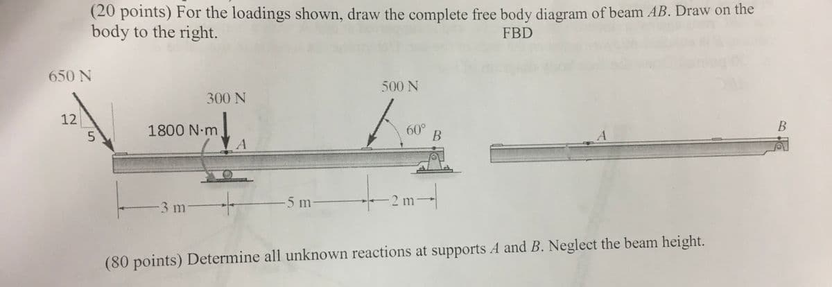 (20 points) For the loadings shown, draw the complete free body diagram of beam AB. Draw on the
body to the right.
FBD
650 N
500 N
300 N
12
В
1800 N m
A
60°
3 m
-5 m
2 m-
(80 points) Determine all unknown reactions at supports A and B. Neglect the beam height.
5.

