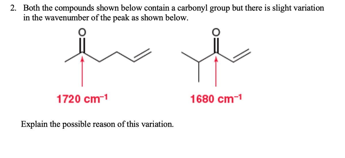 2. Both the compounds shown below contain a carbonyl group but there is slight variation
in the wavenumber of the peak as shown below.
h f
1720 cm-1
1680 cm-1
Explain the possible reason of this variation.