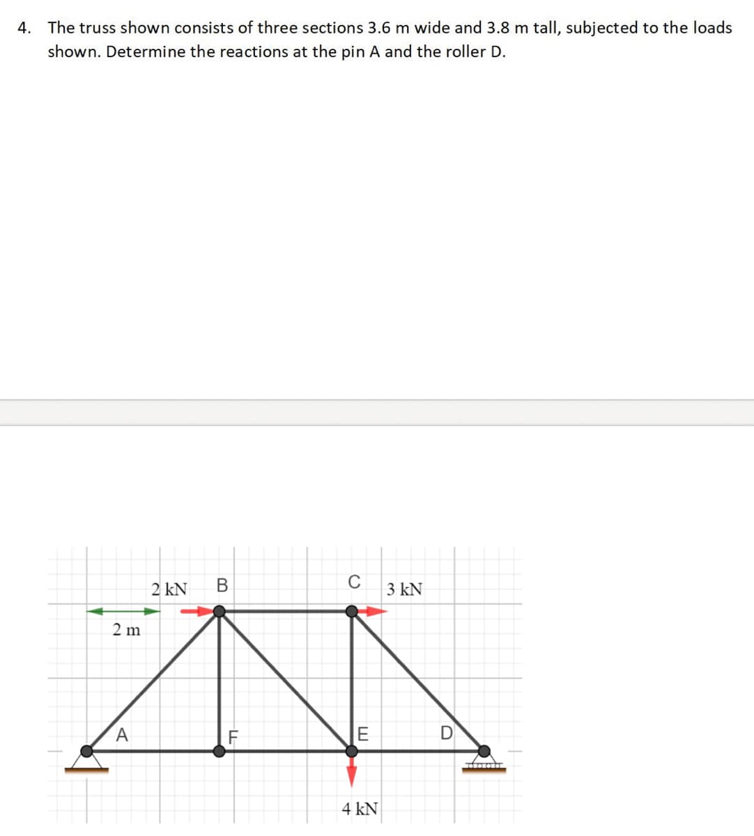 4. The truss shown consists of three sections 3.6 m wide and 3.8 m tall, subjected to the loads
shown. Determine the reactions at the pin A and the roller D.
2 KN B
C 3 kN
M
E
2 m
A
4 kN
D