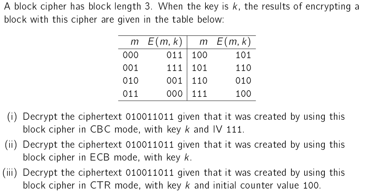 A block cipher has block length 3. When the key is k, the results of encrypting a
block with this cipher are given in the table below:
m E(m, k)
m E(m, k)
000
011
100
101
001
111
101
110
010
001 110
010
011
000 111
100
(i) Decrypt the ciphertext 010011011 given that it was created by using this
block cipher in CBC mode, with key k and IV 111.
(ii) Decrypt the ciphertext 010011011 given that it was created by using this
block cipher in ECB mode, with key k.
(iii) Decrypt the ciphertext 010011011 given that it was created by using this
block cipher in CTR mode, with key k and initial counter value 100.