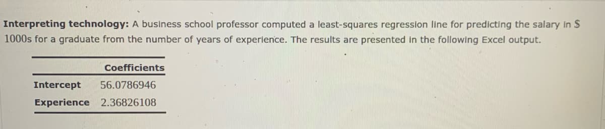 Interpreting technology: A business school professor computed a least-squares regression line for predicting the salary in $
1000s for a graduate from the number of years of experience. The results are presented in the following Excel output.
Coefficients
Intercept
56.0786946
Experience 2.36826108
