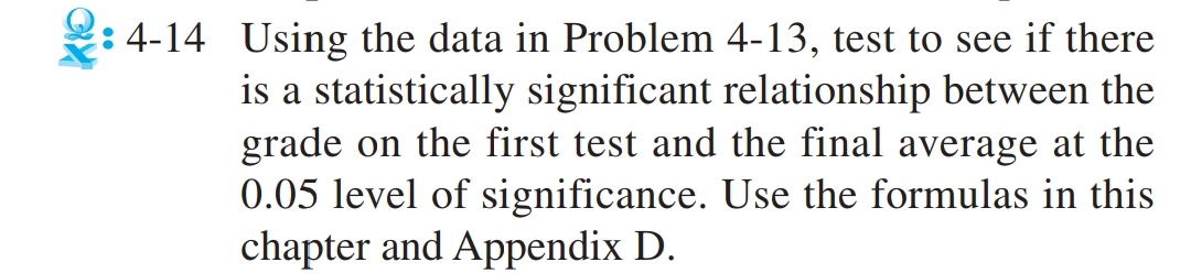 4-14 Using the data in Problem 4-13, test to see if there
is a statistically significant relationship between the
grade on the first test and the final average at the
0.05 level of significance. Use the formulas in this
chapter and Appendix D.