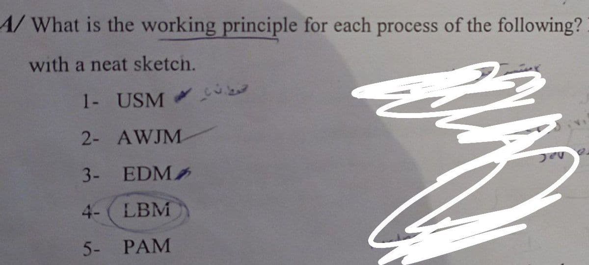 A/What is the working principle for each process of the following?
with a neat sketch.
1- USM
2- AWJM
3- EDM
4-
LBM
5- PAM