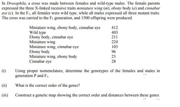 In Drosophila, a cross was made between females and wild-type males. The female parents
expressed the three X-linked recessive traits miniature wing (m), ebony body (e) and cinnabar
eye (c). In the F1, all females were wild type, while all males expressed all three mutant traits.
The cross was carried to the F2 generation, and 1500 offspring were produced.
412
403
211
Miniature wing, ebony body, cinnabar eye
Wild type
Ebony body, cinnabar eye
Miniature wing
Miniature wing, cinnabar eye
Ebony body
Miniature wing, ebony body
Cinnabar eye
224
103
96
23
28
(i)
Using proper nomenclature, determine the genotypes of the females and males in
generation P and F1.
(ii)
What is the correct order of the genes?
(iii)
Construct a genetic map showing the correct order and distances between these genes.
