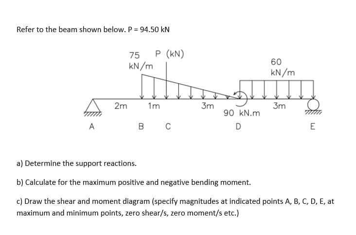 Refer to the beam shown below. P = 94.50 kN
75
P (kN)
60
kN/m
kN/m
2m
1m
3m
3m
90 kN.m
A
B
C
D
E
a) Determine the support reactions.
b) Calculate for the maximum positive and negative bending moment.
c) Draw the shear and moment diagram (specify magnitudes at indicated points A, B, C, D, E, at
maximum and minimum points, zero shear/s, zero moment/s etc.)
