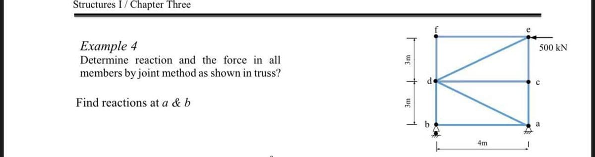 Structures I/ Chapter Three
Example 4
Determine reaction and the force in all
members by joint method as shown in truss?
Find reactions at a & b
3m
3m
1
d
b
4m
500 KN
с
a