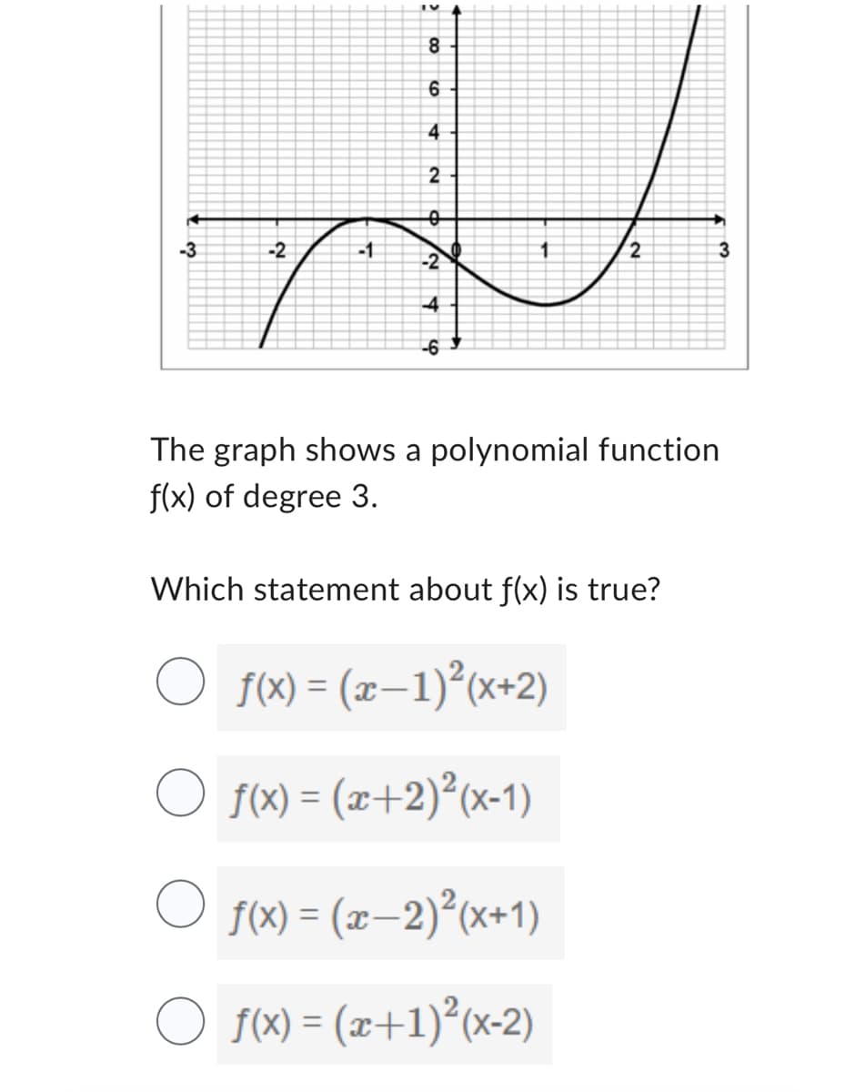 3
-2
-1
8
6
4
2
0
N
-2
+ 6
4
-6
2
The graph shows a polynomial function
f(x) of degree 3.
Which statement about f(x) is true?
○_ƒ(x) = (x−1)²(x+2)
○ ƒ(x) = (x+2)²(x-1)
○ ƒ(x) = (x−2)²(x+1)
f(x) = (x+1)²(x-2)
3
