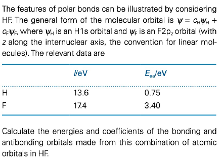 The features of polar bonds can be illustrated by considering
HF. The general form of the molecular orbital is y = GHY +
GỰF, where y, is an H1s orbital and ựe is an F2p, orbital (with
z along the internuclear axis, the convention for linear mol-
ecules). The relevant data are
leV
Egglev
H
13.6
0.75
F
17.4
3.40
Calculate the energies and coefficients of the bonding and
antibonding orbitals made from this combination of atomic
orbitals in HF.
