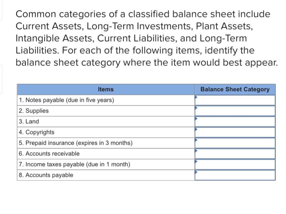 Common categories of a classified balance sheet include
Current Assets, Long-Term Investments, Plant Assets,
Intangible Assets, Current Liabilities, and Long-Term
Liabilities. For each of the following items, identify the
balance sheet category where the item would best appear.
Items
Balance Sheet Category
1. Notes payable (due in five years)
2. Supplies
3. Land
4. Copyrights
5. Prepaid insurance (expires in 3 months)
6. Accounts receivable
7. Income taxes payable (due in 1 month)
8. Accounts payable
