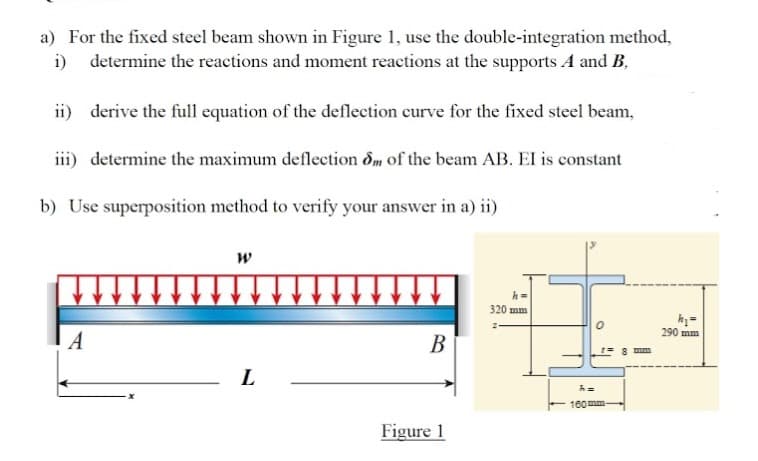 a) For the fixed steel beam shown in Figure 1, use the double-integration method,
i) determine the reactions and moment reactions at the supports A and B,
ii) derive the full equation of the deflection curve for the fixed steel beam,
iii) determine the maximum deflection đm of the beam AB. EI is constant
b) Use superposition method to verify your answer in a) ii)
320 mm
k =
290 mm
A
В
L
160mm-
Figure 1
