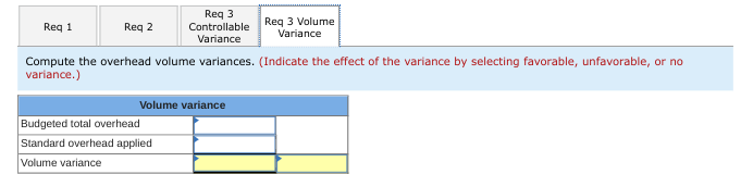 Req 1
Req 2
Req 3
Controllable
Variance
Compute the overhead volume variances. (Indicate the effect of the variance by selecting favorable, unfavorable, or no
variance.)
Volume variance
Budgeted total overhead
Standard overhead applied
Volume variance
Req 3 Volume
Variance