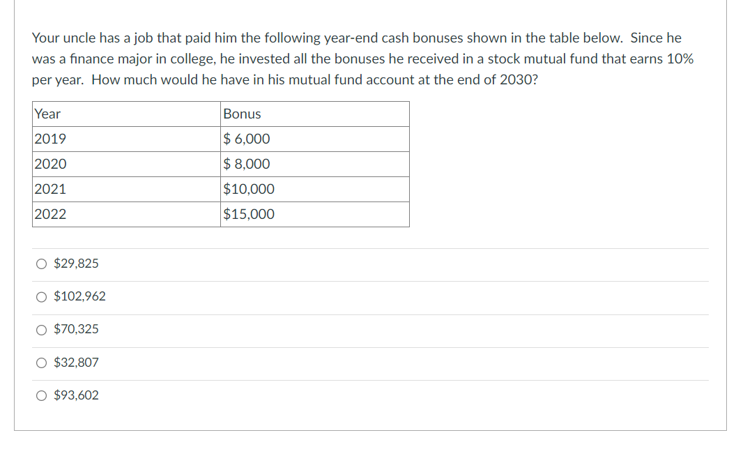 Your uncle has a job that paid him the following year-end cash bonuses shown in the table below. Since he
was a finance major in college, he invested all the bonuses he received in a stock mutual fund that earns 10%
per year. How much would he have in his mutual fund account at the end of 2030?
Year
2019
2020
2021
2022
O $29,825
O $102,962
O $70.325
O $32,807
O $93,602
Bonus
$6,000
$ 8,000
$10,000
$15,000