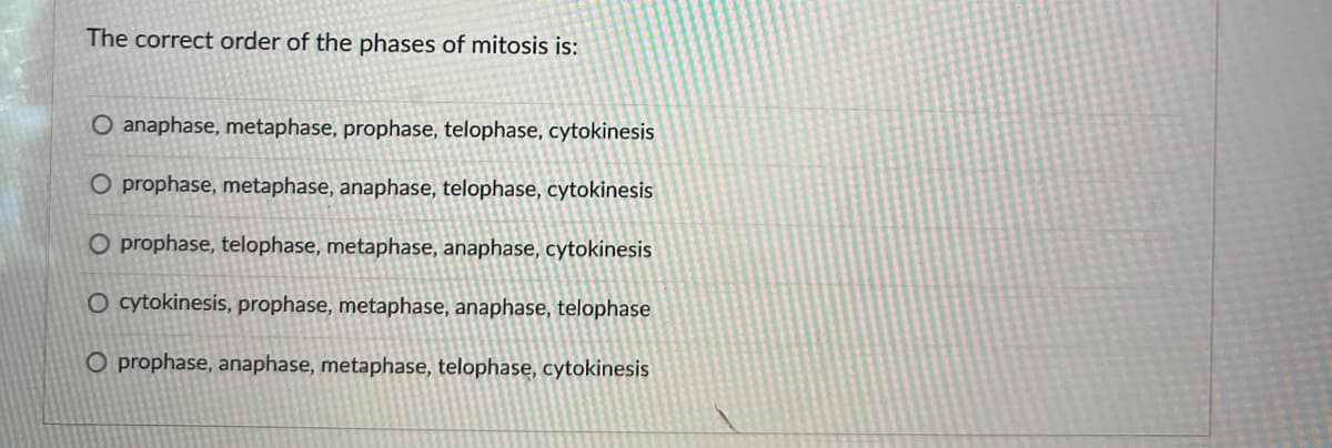 The correct order of the phases of mitosis is:
O anaphase, metaphase, prophase, telophase, cytokinesis
O prophase, metaphase, anaphase, telophase, cytokinesis
O prophase, telophase, metaphase, anaphase, cytokinesis
O cytokinesis, prophase, metaphase, anaphase, telophase
O prophase, anaphase, metaphase, telophase, cytokinesis