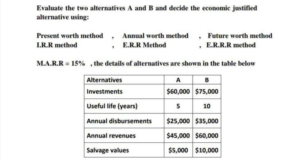 Evaluate the two alternatives A and B and decide the economic justified
alternative using:
Present worth method
Future worth method
9
9
Annual worth method
E.R.R Method
I.R.R method
E.R.R.R method
9
M.A.R.R 15%, the details of alternatives are shown in the table below
Alternatives
A
B
Investments
$60,000 $75,000
Useful life (years)
5
10
Annual disbursements
$25,000 $35,000
Annual revenues
$45,000 $60,000
Salvage values
$5,000 $10,000