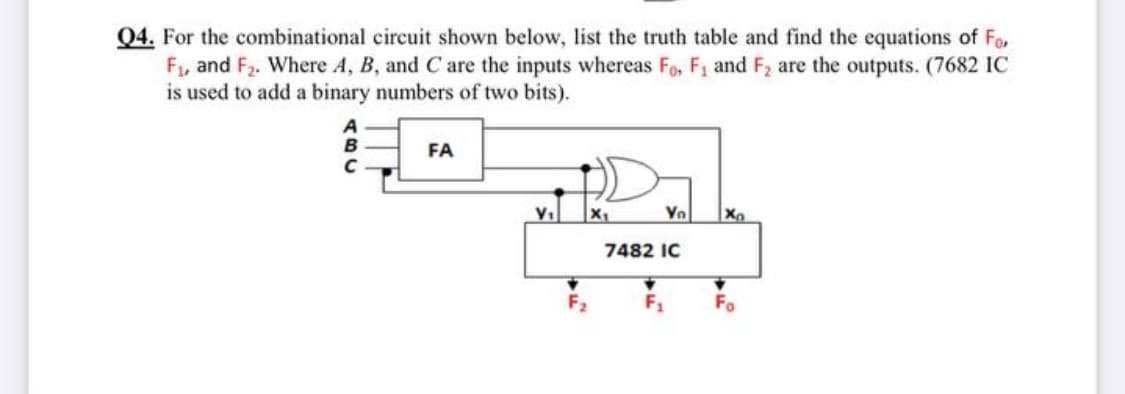 Q4. For the combinational circuit shown below, list the truth table and find the equations of Fo,
F, and F2. Where A, B, and C are the inputs whereas Fo, F1 and F2 are the outputs. (7682 IC
is used to add a binary numbers of two bits).
B
FA
X1
Yo
7482 IC
F2
F1
Fo
