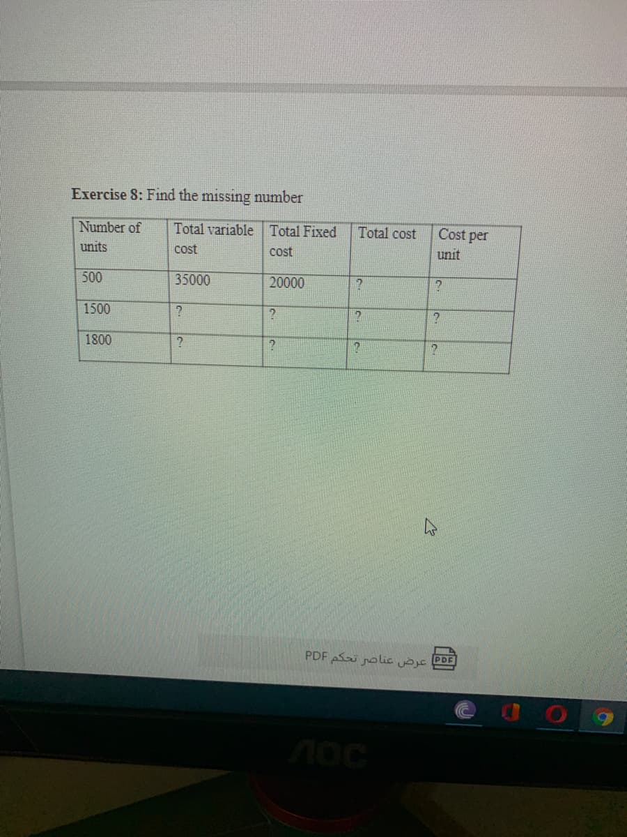 Exercise 8: Find the missing number
Number of
Total variable Total Fixed
Total cost
Cost per
units
cost
cost
unit
500
35000
20000
1500
1800
PDF S ro lic e PDE
